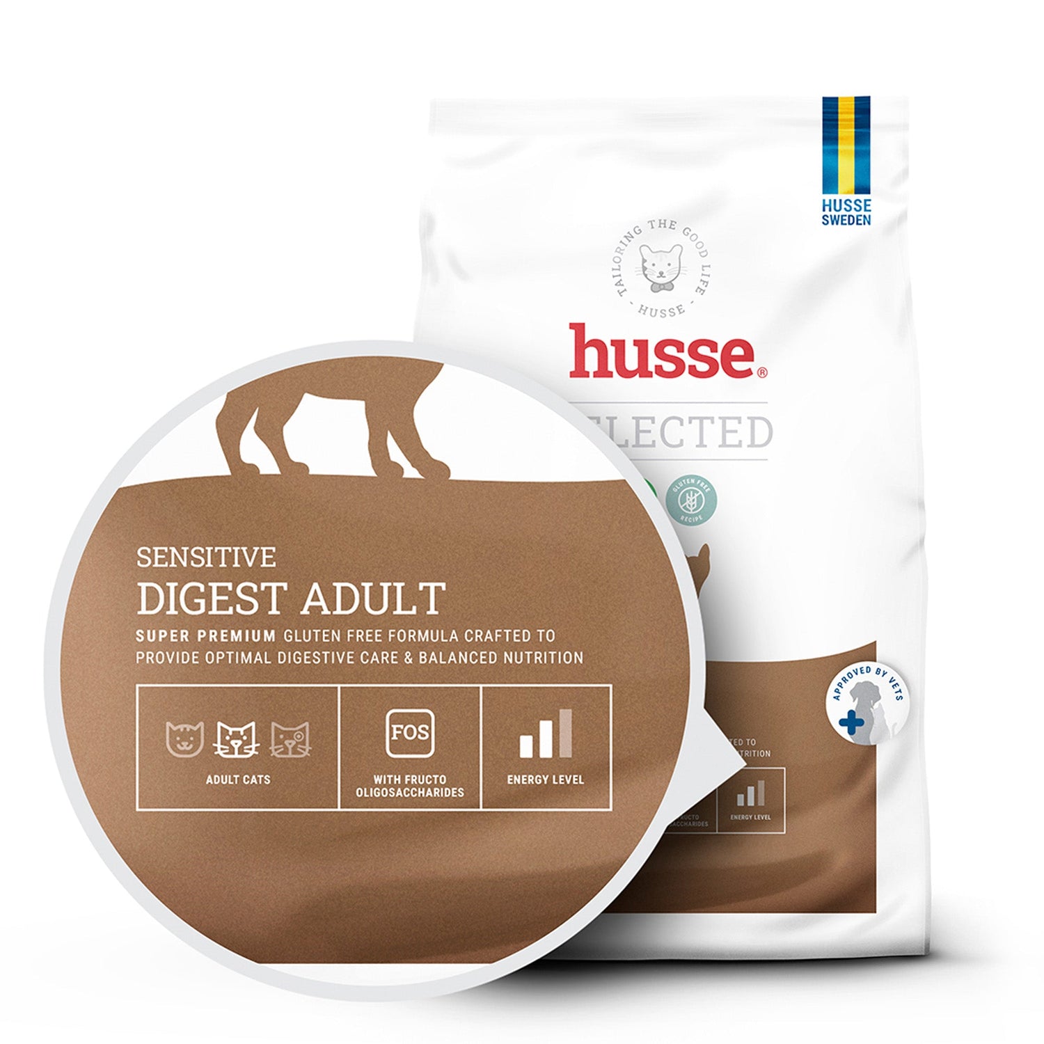 Saco de ração Husse Sensitive Digest Adult para gatos, com receita sem glúten para o conforto digestivo.