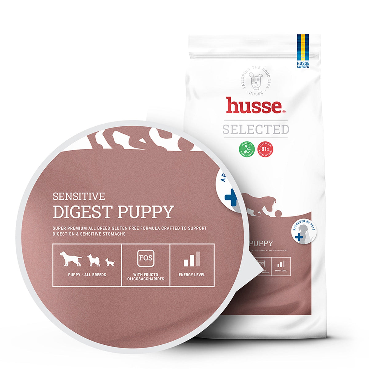 Saco Husse Sensitive Digest Puppy com detalhe circular que destaca a receita suave e sem glúten para cachorros.