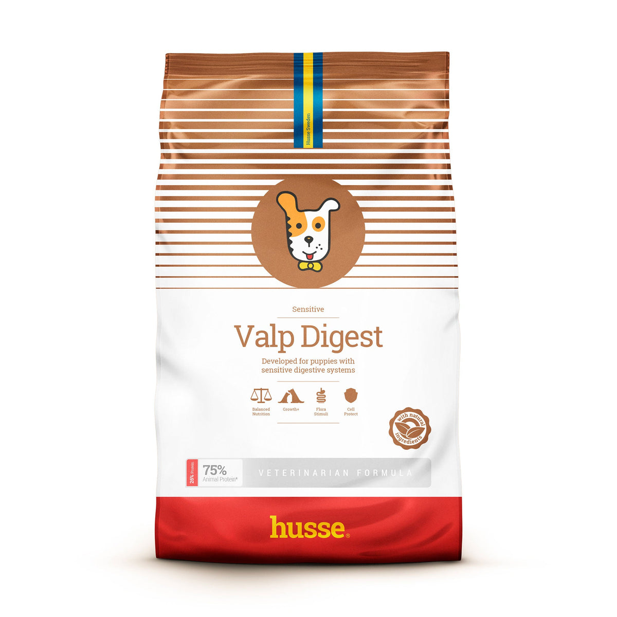Saco de ração Husse Sensitive Valp Digest para cachorro com riscas castanhas e ilustração de um cão.