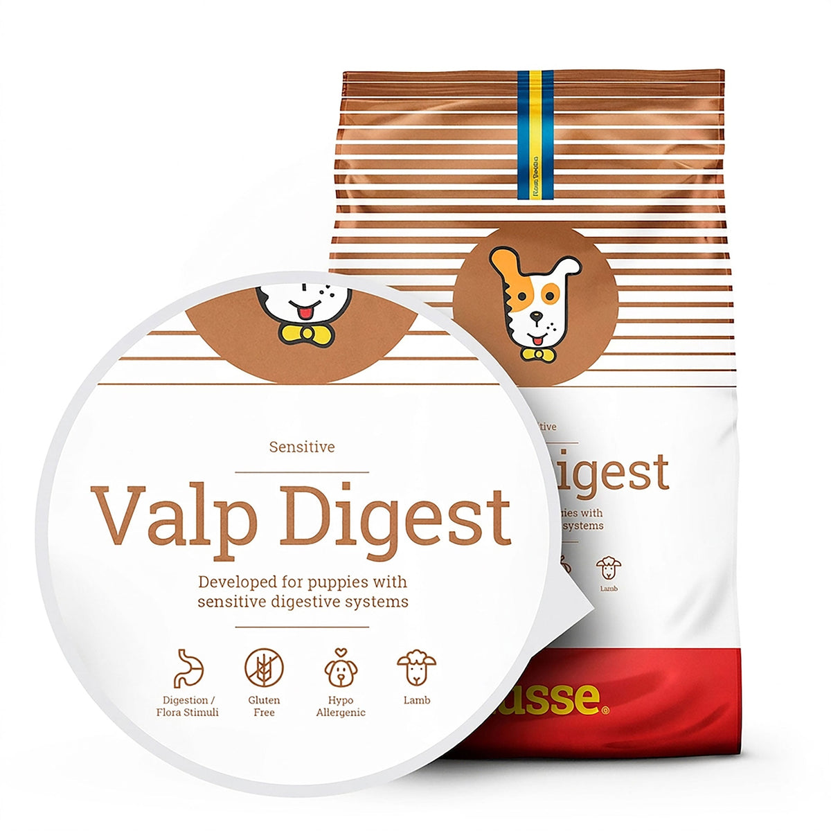 Saco de ração Husse Sensitive Valp Digest com detalhe em destaque dos principais benefícios para cachorros.