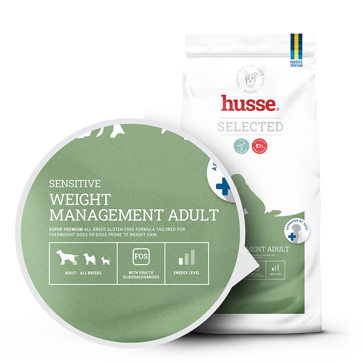 Saco de ração Husse Sensitive Weight Management Adult com destaque circular dos benefícios nutricionais.