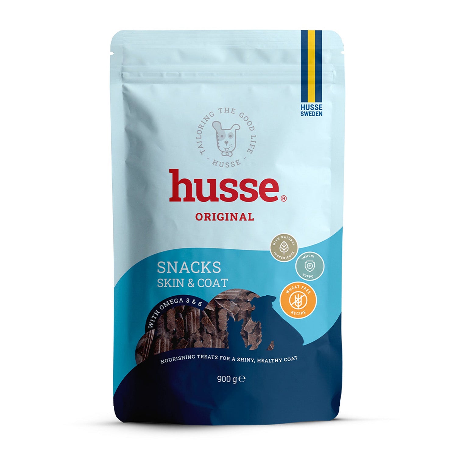 Saco azul de 900 g Husse Snacks Skin & Coat com snacks prensados a frio de salmão para o pelo do cão.