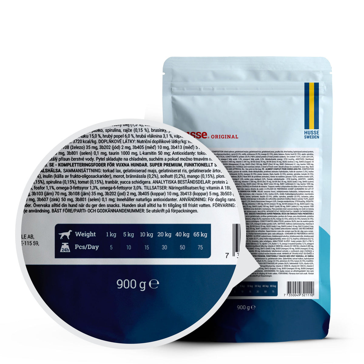Verso da embalagem de 900 g de Husse Snacks Skin & Coat com tabela de alimentação e detalhes nutricionais.