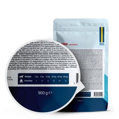 Verso da embalagem de 900 g de Husse Snacks Skin & Coat com tabela de alimentação e detalhes nutricionais.