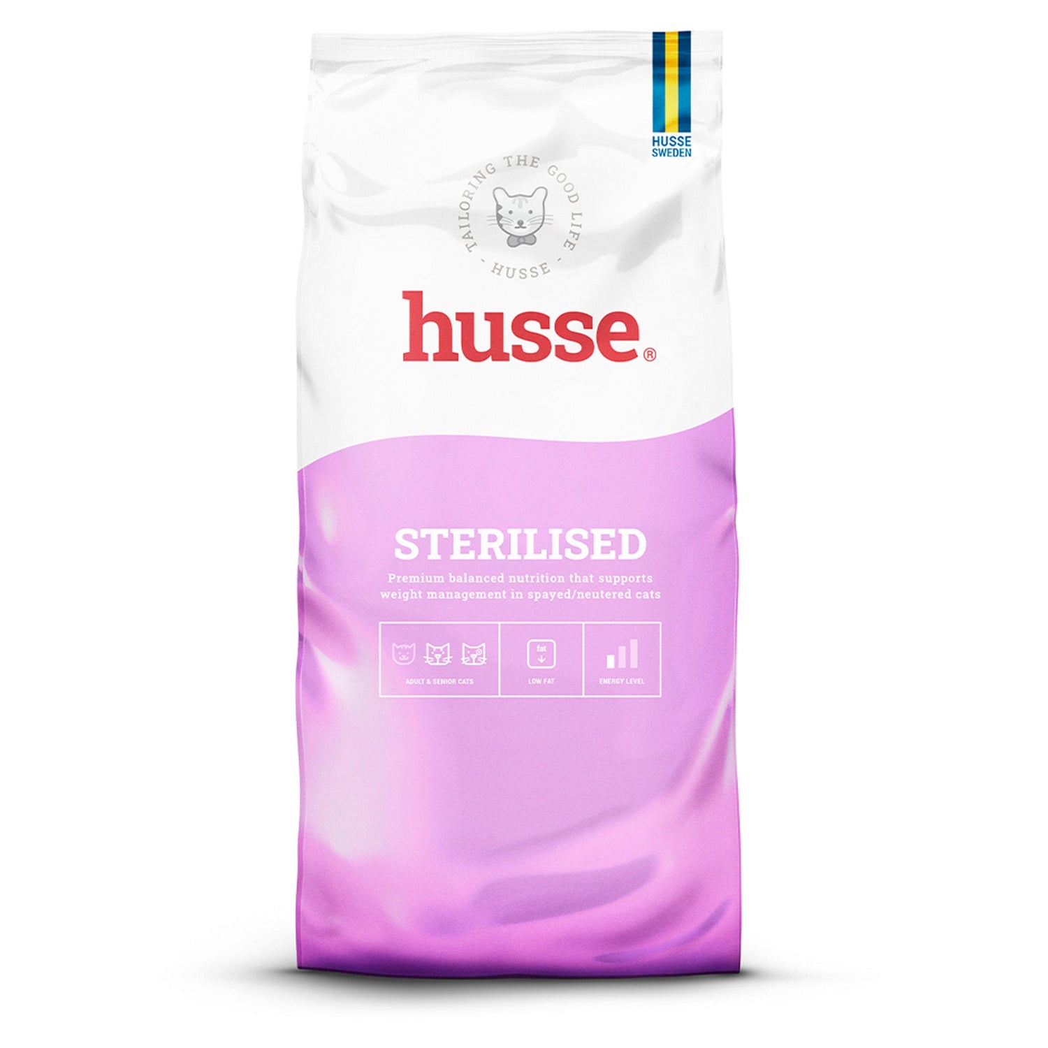 Ração seca Husse Sterilised em saco rosa e branco para manter o peso saudável de gatos esterilizados.