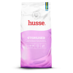 Husse Sterilised dry food in a pink and white bag helps maintain a healthy weight for your neutered cat.