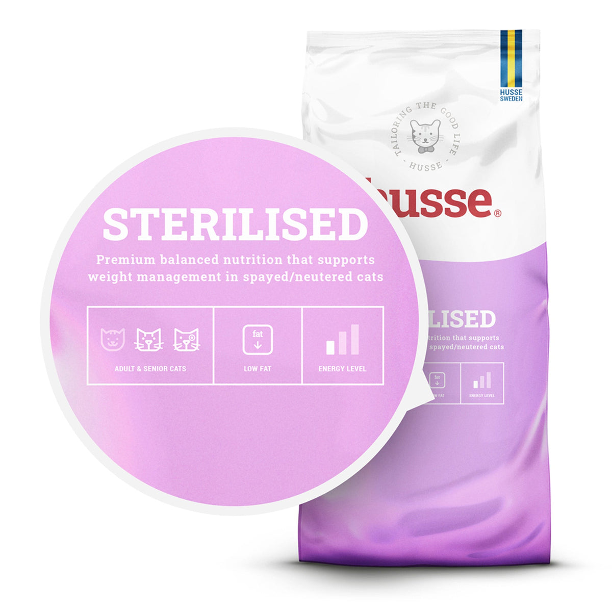 Husse Sterilised low fat dry cat food in a purple and white bag, supporting weight management for your pet.