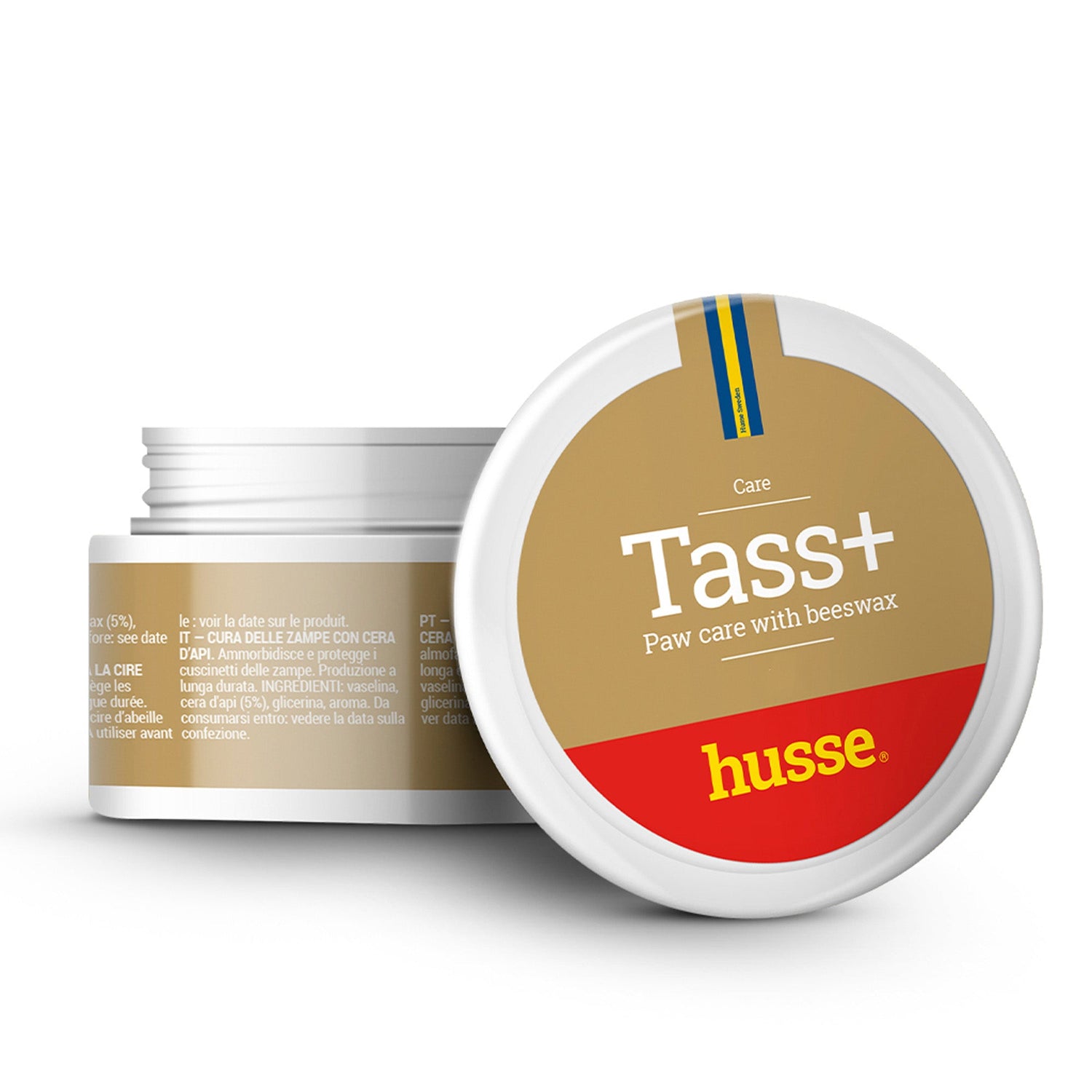 Bálsamo Tass Plus com cera de abelha da Husse em boião branco com tampa dourada para proteger as patas.