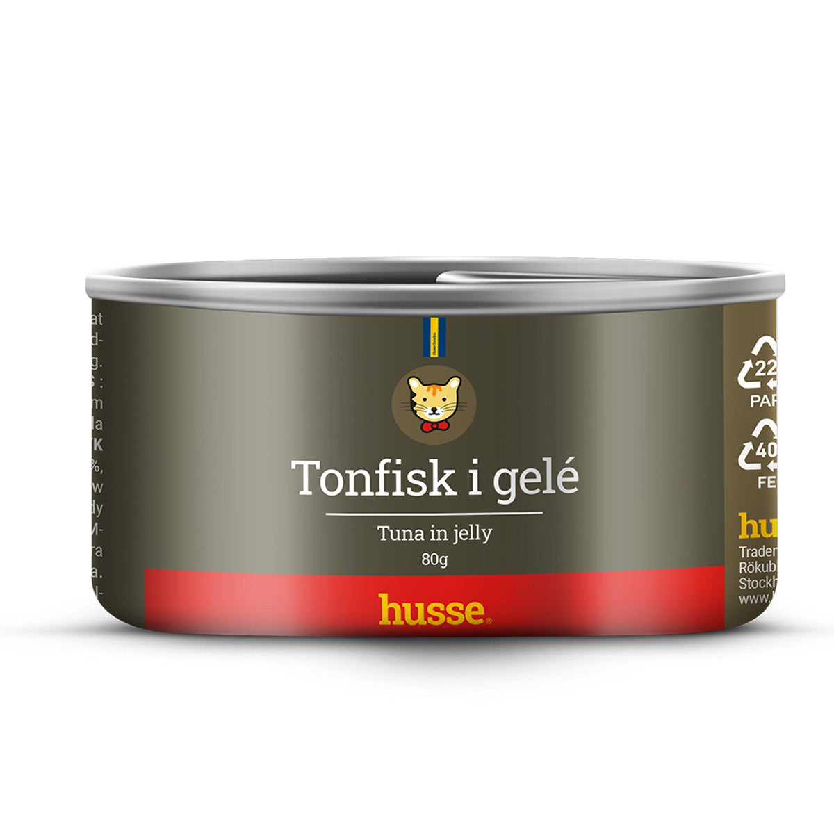 Lata de 80 g de Husse Tuna in Jelly, alimento húmido complementar sem cereais e hidratante.