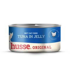 Lata azul e branca de 80 g de comida húmida para gato Husse Original de atum em gelatina.