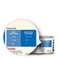 Lata de 80 g de Husse Tuna in Jelly com a tabela de alimentação para gatos adultos.