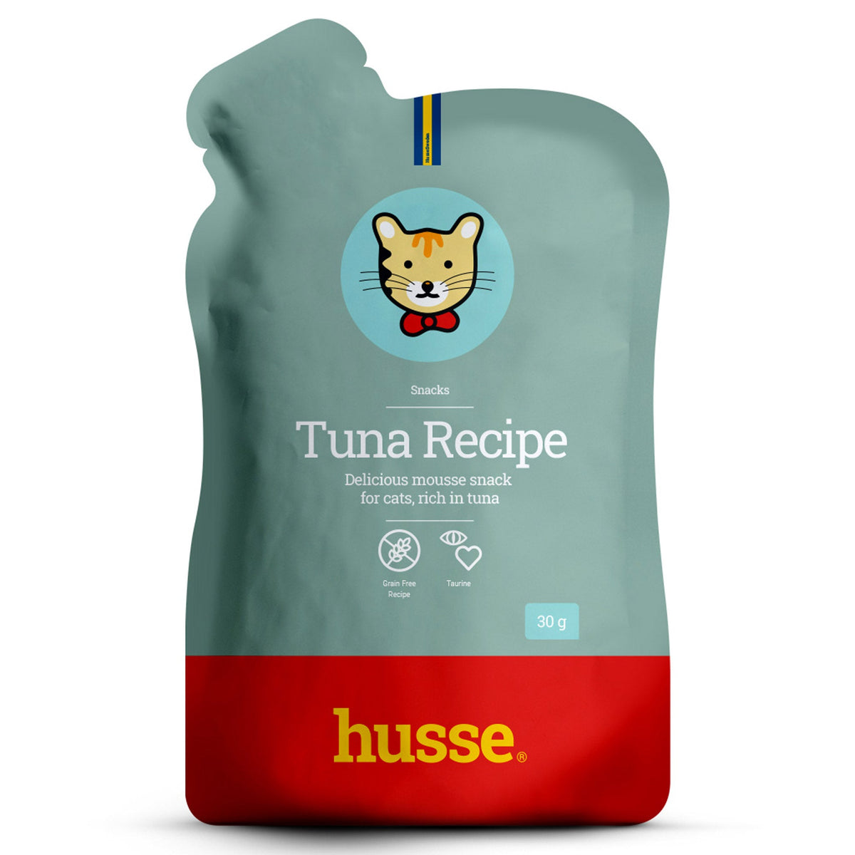 Petisco de mousse de atum sem cereais da Husse para gato em saqueta de 30 g verde-azulada e vermelha.