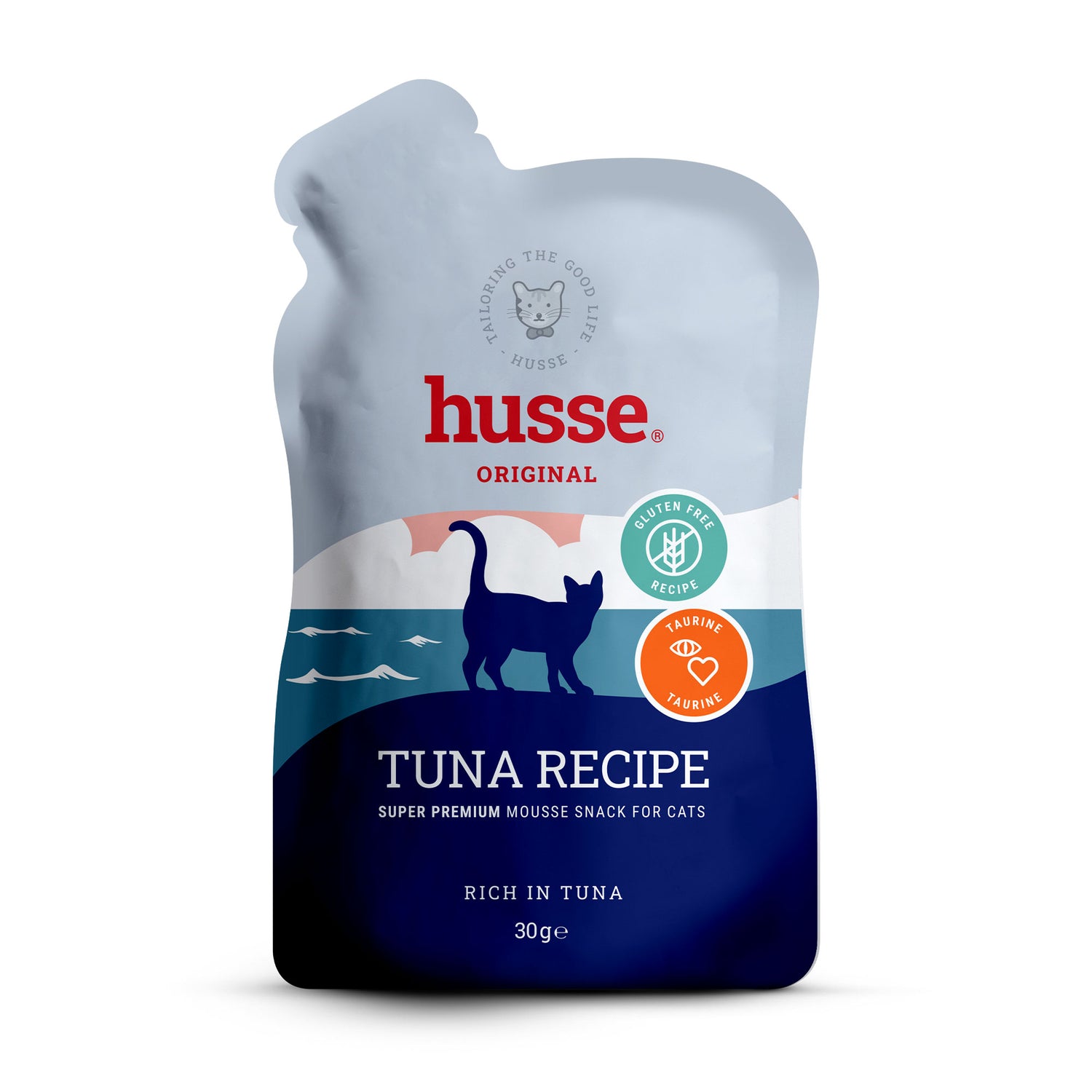 Saqueta de mousse de atum Husse Tuna Recipe para gatos, embalagem individual de 30 g.