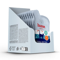 Caixa expositora com saquetas de mousse de atum Husse Original Tuna Recipe para gatos.