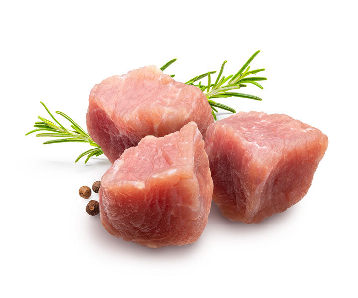 Diced raw turkey with rosemary and peppercorns, a lean protein used in Husse recipes
