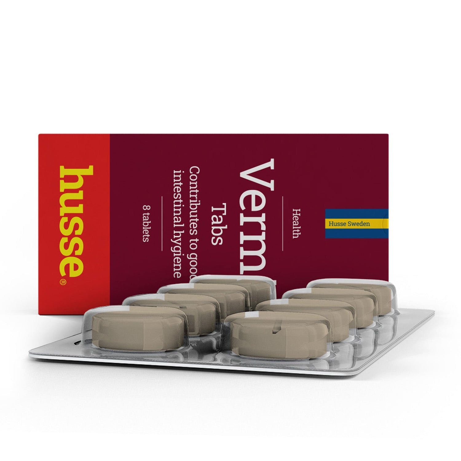 Vermi Tabs para a higiene digestiva do seu animal, com comprimidos castanhos em blister da Husse.