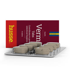 Vermi Tabs for your pet's digestive hygiene, featuring tan tablets in a blister pack and husse branding.