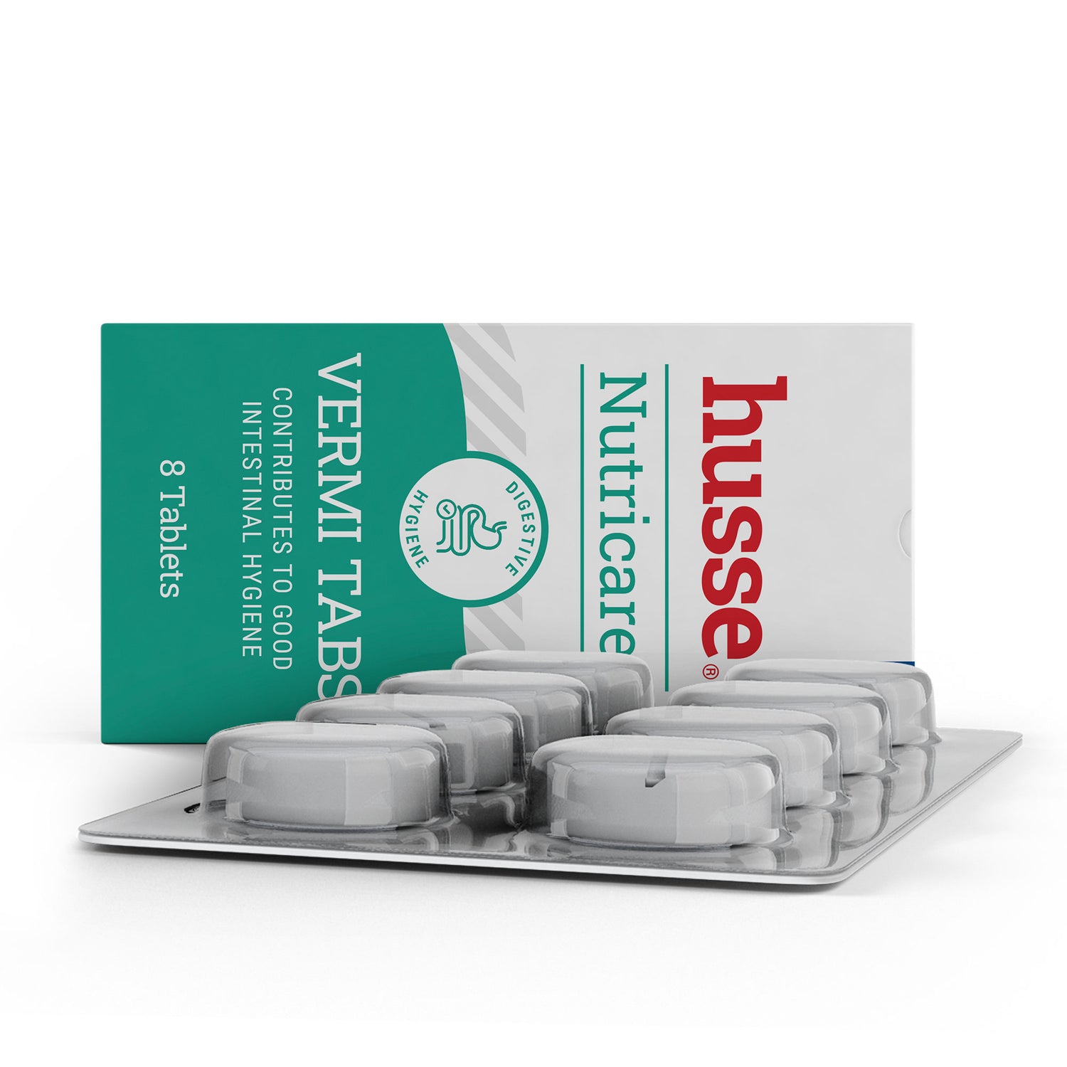 Husse Vermi Tabs 8 tablets blister pack for digestive hygiene in dogs and cats, shown in front of its green and white box.