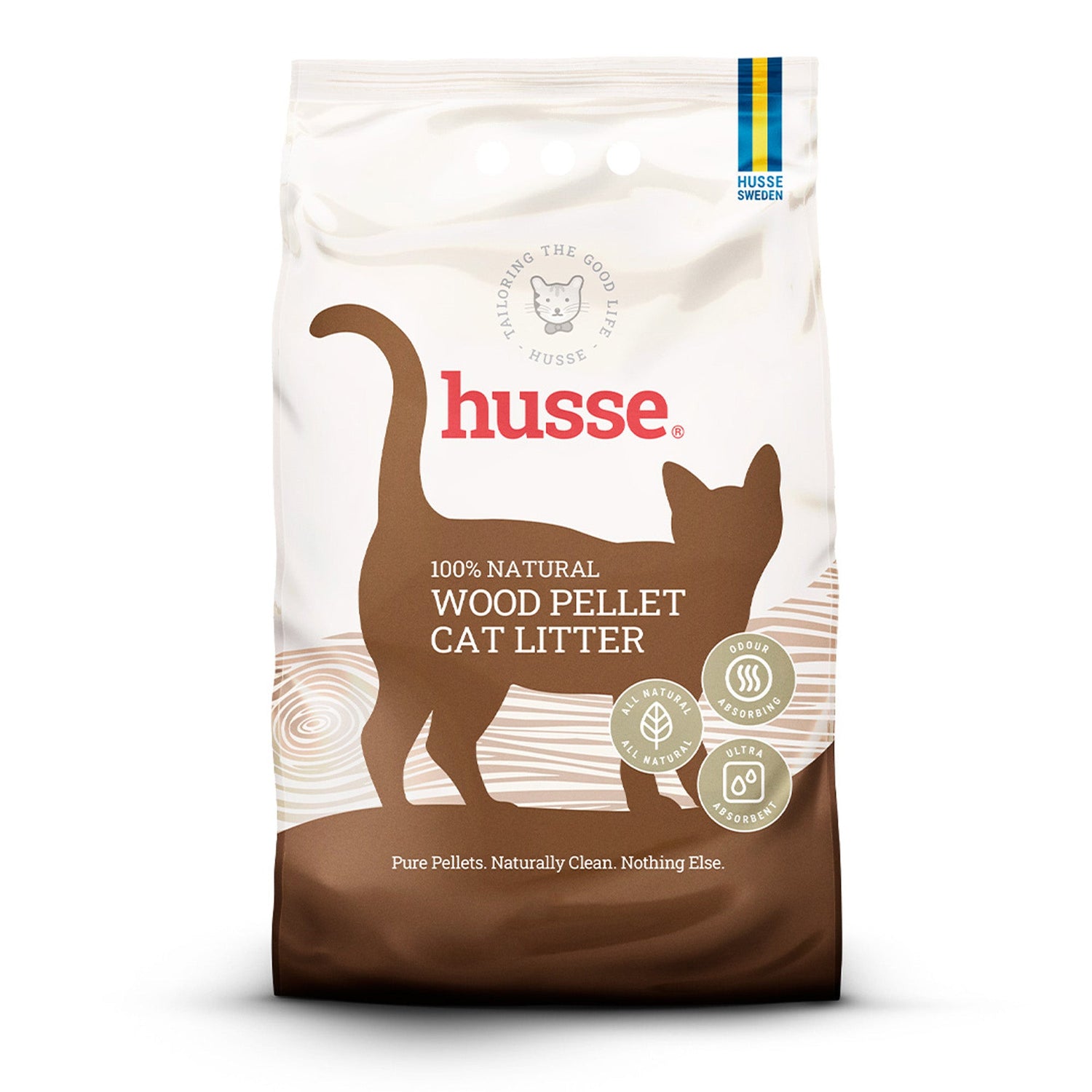 Saco de areia para gatos Husse em pellets de pinho natural para uma limpeza fácil e conforto.